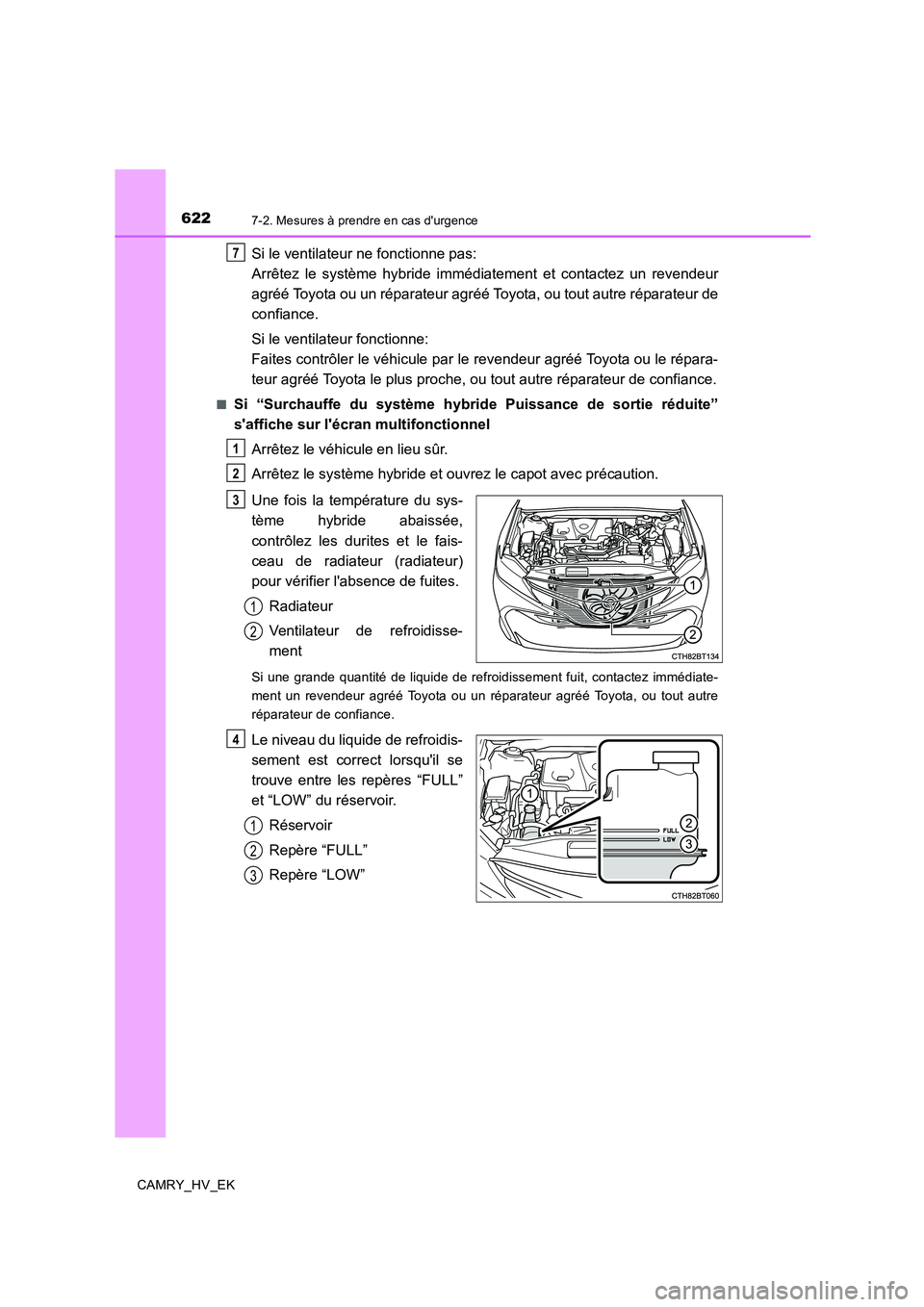 TOYOTA CAMRY 2019 Manuel du propriétaire (in French) 6227-2. Mesures à prendre en cas durgence
CAMRY_HV_EK
Si le ventilateur ne fonctionne pas:
Arrêtez le système hybride immédiatement et contactez un revendeur
agréé Toyota ou un réparateur agr TOYOTA CAMRY 2019 Manuel du propriétaire (in French) 6227-2. Mesures à prendre en cas durgence
CAMRY_HV_EK
Si le ventilateur ne fonctionne pas:
Arrêtez le système hybride immédiatement et contactez un revendeur
agréé Toyota ou un réparateur agr