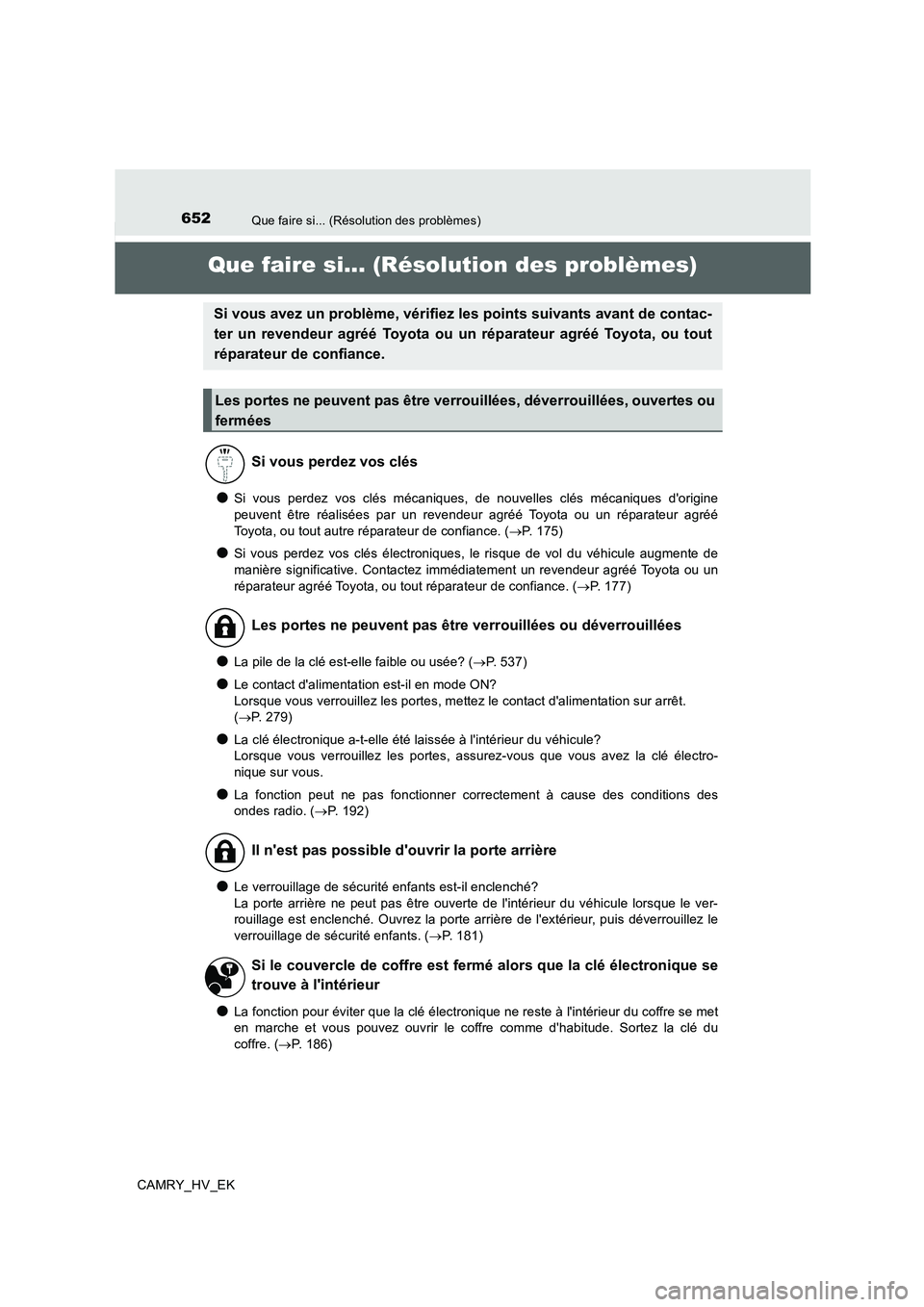 TOYOTA CAMRY 2019 Manuel du propriétaire (in French) 652
CAMRY_HV_EK
Que faire si... (Résolution des problèmes)
Que faire si... (Résolution des problèmes)
●Si vous perdez vos clés mécaniques, de nouvelles clés mécaniques dorigine
peuvent êtr TOYOTA CAMRY 2019 Manuel du propriétaire (in French) 652
CAMRY_HV_EK
Que faire si... (Résolution des problèmes)
Que faire si... (Résolution des problèmes)
●Si vous perdez vos clés mécaniques, de nouvelles clés mécaniques dorigine
peuvent êtr