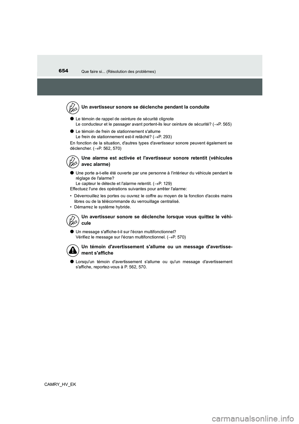 TOYOTA CAMRY 2019 Manuel du propriétaire (in French) 654Que faire si... (Résolution des problèmes)
CAMRY_HV_EK
●Le témoin de rappel de ceinture de sécurité clignote
Le conducteur et le passager avant portent-ils leur ceinture de sécurité? (→ TOYOTA CAMRY 2019 Manuel du propriétaire (in French) 654Que faire si... (Résolution des problèmes)
CAMRY_HV_EK
●Le témoin de rappel de ceinture de sécurité clignote
Le conducteur et le passager avant portent-ils leur ceinture de sécurité? (→