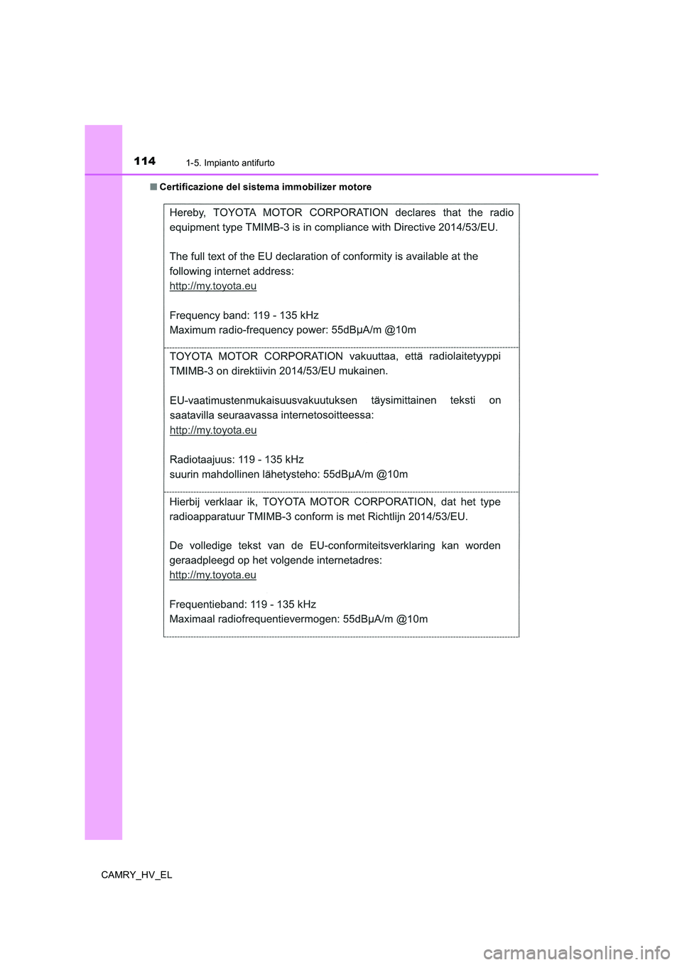 TOYOTA CAMRY 2019  Manuale duso (in Italian) 1141-5. Impianto antifurto
CAMRY_HV_EL■Certificazione del sistema immobilizer motore 
