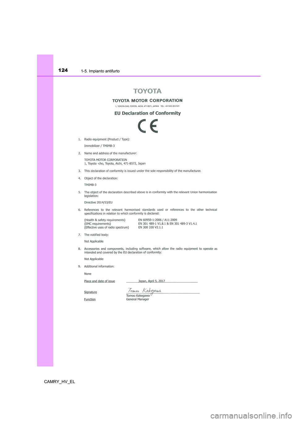 TOYOTA CAMRY 2019  Manuale duso (in Italian) 1241-5. Impianto antifurto
CAMRY_HV_EL 