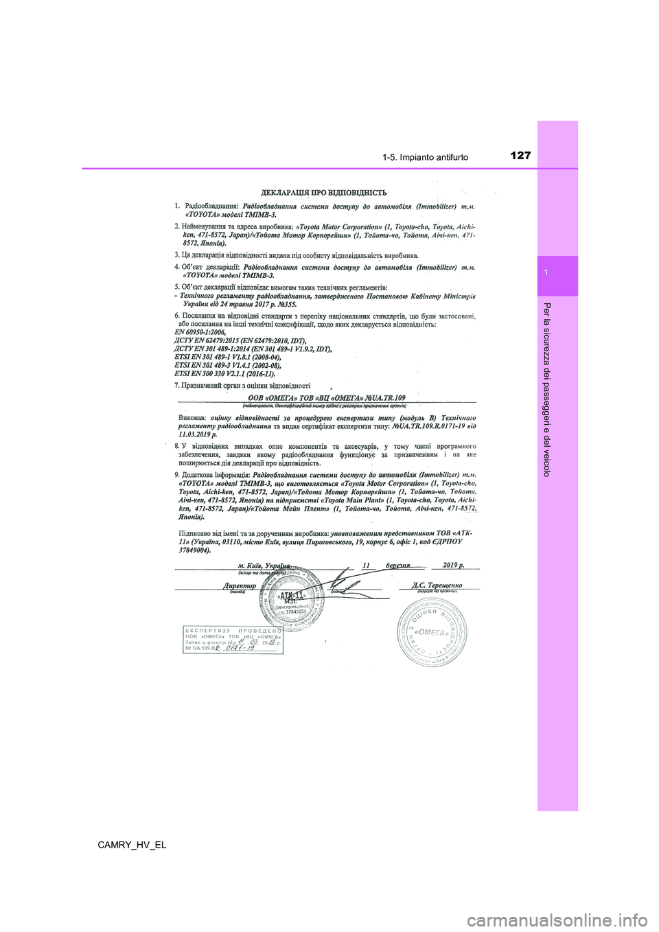 TOYOTA CAMRY 2019  Manuale duso (in Italian) 1271-5. Impianto antifurto
1
Per la sicurezza dei passeggeri e del veicolo
CAMRY_HV_EL 