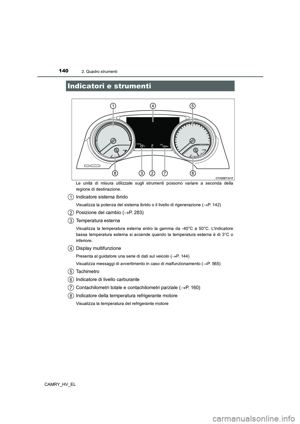 TOYOTA CAMRY 2019  Manuale duso (in Italian) 1402. Quadro strumenti
CAMRY_HV_ELLe unità di misura utilizzate sugli strumenti possono variare a seconda della
regione di destinazione.
Indicatore sistema ibrido
Visualizza la potenza del sistema ib