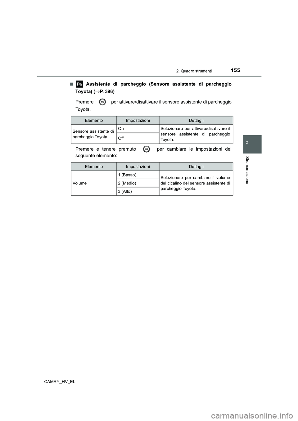 TOYOTA CAMRY 2019  Manuale duso (in Italian) 1552. Quadro strumenti
2
Strumentazione
CAMRY_HV_EL■
 Assistente di parcheggio (Sensore assistente di parcheggio
Toyota) (→P. 396)
Premere   per attivare/disattivare il sensore assistente di parch