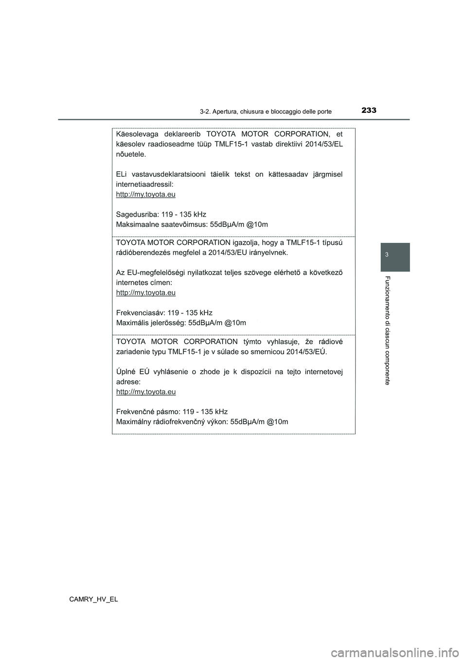 TOYOTA CAMRY 2019  Manuale duso (in Italian) 2333-2. Apertura, chiusura e bloccaggio delle porte
3
Funzionamento di ciascun componente
CAMRY_HV_EL 