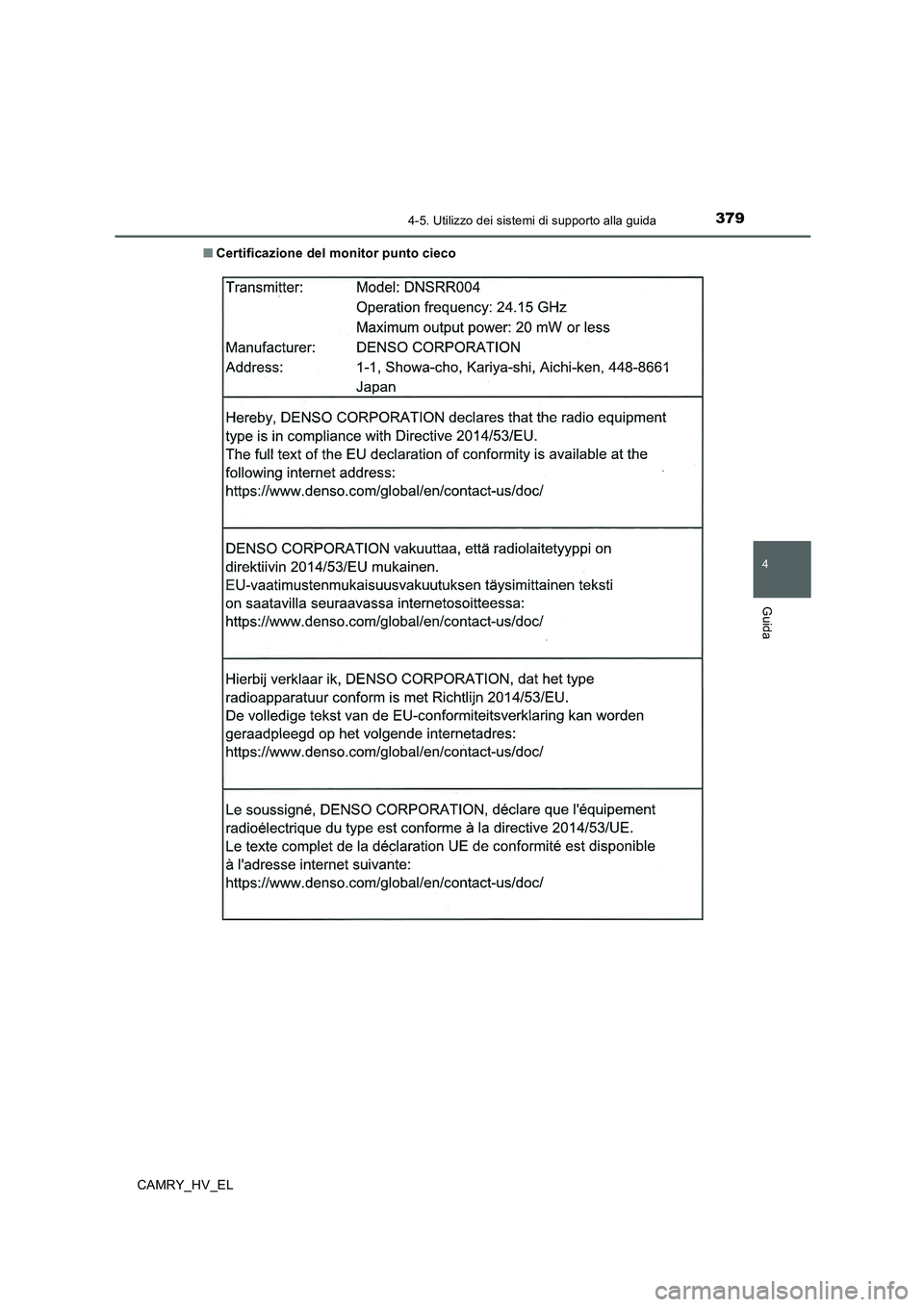 TOYOTA CAMRY 2019  Manuale duso (in Italian) 3794-5. Utilizzo dei sistemi di supporto alla guida
4
Guida
CAMRY_HV_EL■Certificazione del monitor punto cieco 
