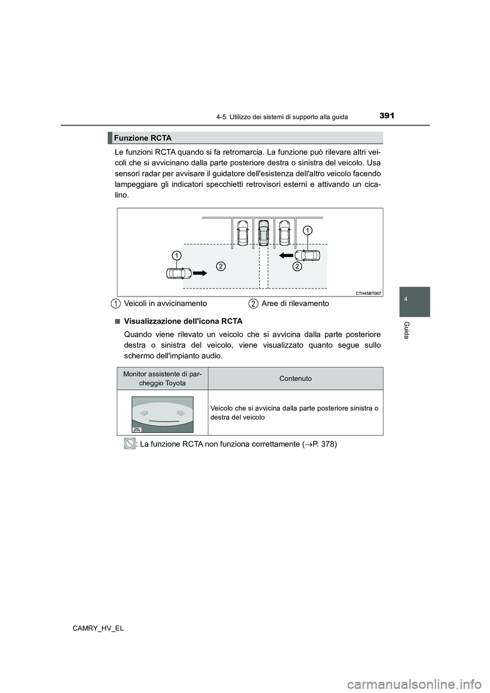 TOYOTA CAMRY 2019  Manuale duso (in Italian) 3914-5. Utilizzo dei sistemi di supporto alla guida
4
Guida
CAMRY_HV_EL
Le funzioni RCTA quando si fa retromarcia. La funzione può rilevare altri vei-
coli che si avvicinano dalla parte posteriore de
