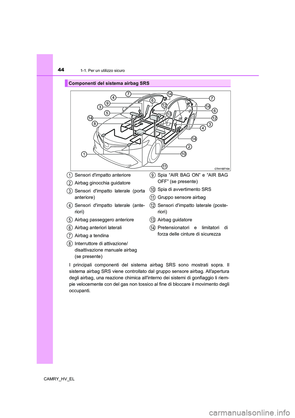 TOYOTA CAMRY 2019  Manuale duso (in Italian) 441-1. Per un utilizzo sicuro
CAMRY_HV_EL
I principali componenti del sistema airbag SRS sono mostrati sopra. Il
sistema airbag SRS viene controllato dal gruppo sensore airbag. Allapertura
degli airb