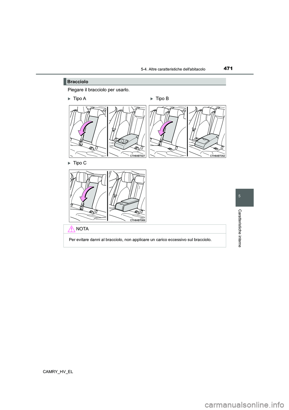 TOYOTA CAMRY 2019  Manuale duso (in Italian) 4715-4. Altre caratteristiche dellabitacolo
5
Caratteristiche interne
CAMRY_HV_EL
Piegare il bracciolo per usarlo.
Bracciolo
Tipo ATipo B
Tipo C
NOTA
Per evitare danni al bracciolo, non appl