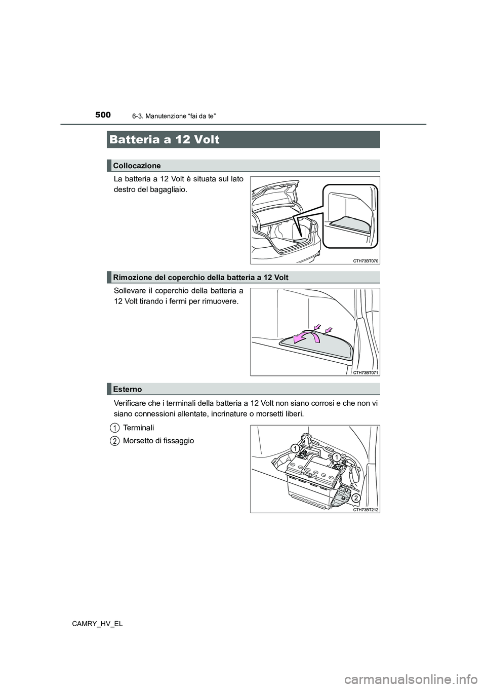TOYOTA CAMRY 2019  Manuale duso (in Italian) 5006-3. Manutenzione “fai da te”
CAMRY_HV_EL
La batteria a 12 Volt è situata sul lato
destro del bagagliaio.
Sollevare il coperchio della batteria a
12 Volt tirando i fermi per rimuovere.
Verific