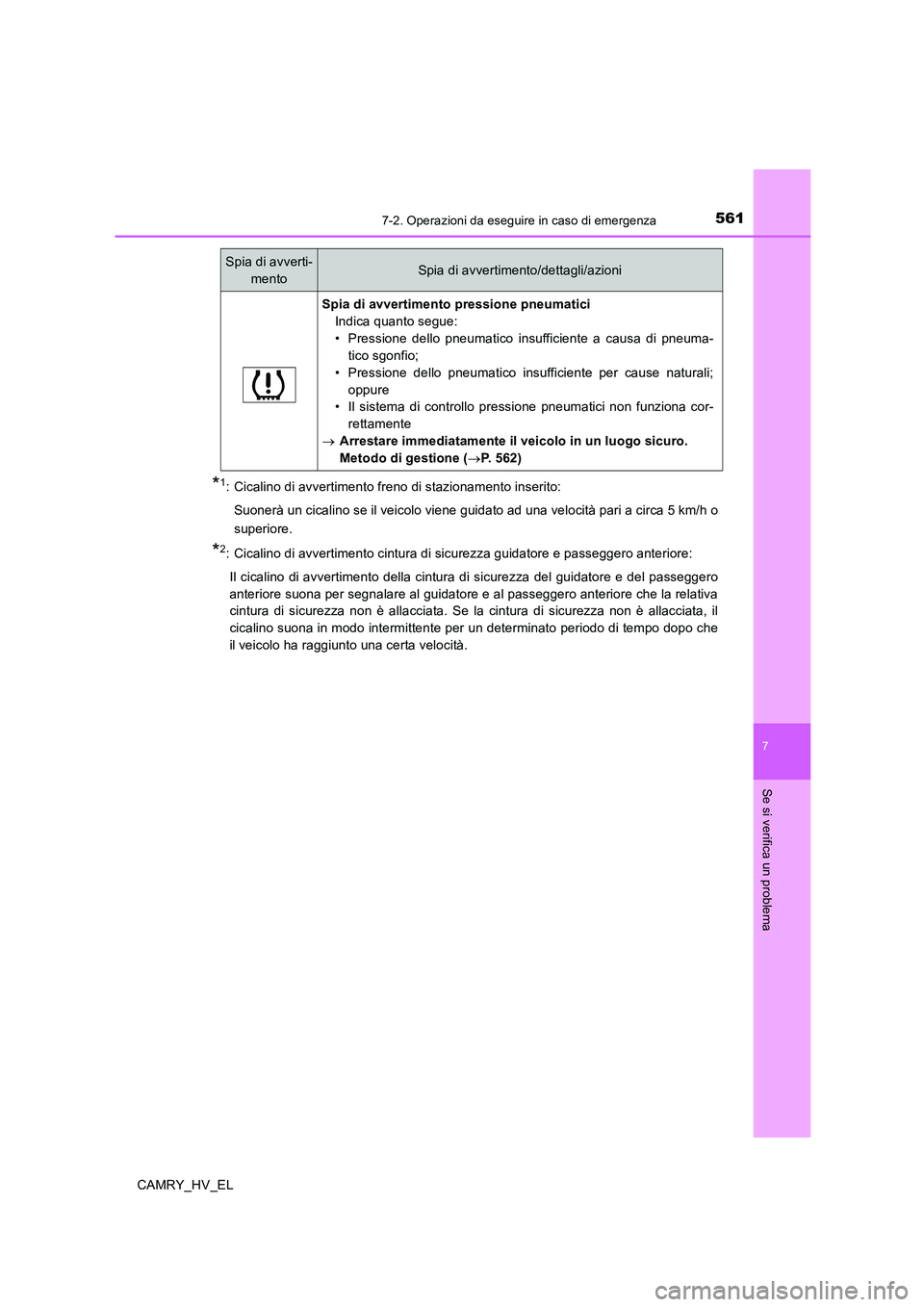 TOYOTA CAMRY 2019 Manuale duso (in Italian) 5617-2. Operazioni da eseguire in caso di emergenza
7
Se si verifica un problema
CAMRY_HV_EL
*1: Cicalino di avvertimento freno di stazionamento inserito:
Suonerà un cicalino se il veicolo viene gui TOYOTA CAMRY 2019 Manuale duso (in Italian) 5617-2. Operazioni da eseguire in caso di emergenza
7
Se si verifica un problema
CAMRY_HV_EL
*1: Cicalino di avvertimento freno di stazionamento inserito:
Suonerà un cicalino se il veicolo viene gui