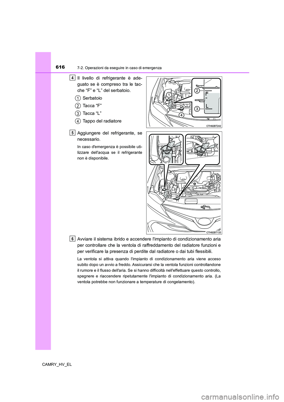 TOYOTA CAMRY 2019  Manuale duso (in Italian) 6167-2. Operazioni da eseguire in caso di emergenza
CAMRY_HV_EL
Il livello di refrigerante è ade-
guato se è compreso tra le tac-
che “F” e “L” del serbatoio.
Serbatoio
Ta c c a  “ F ”
T