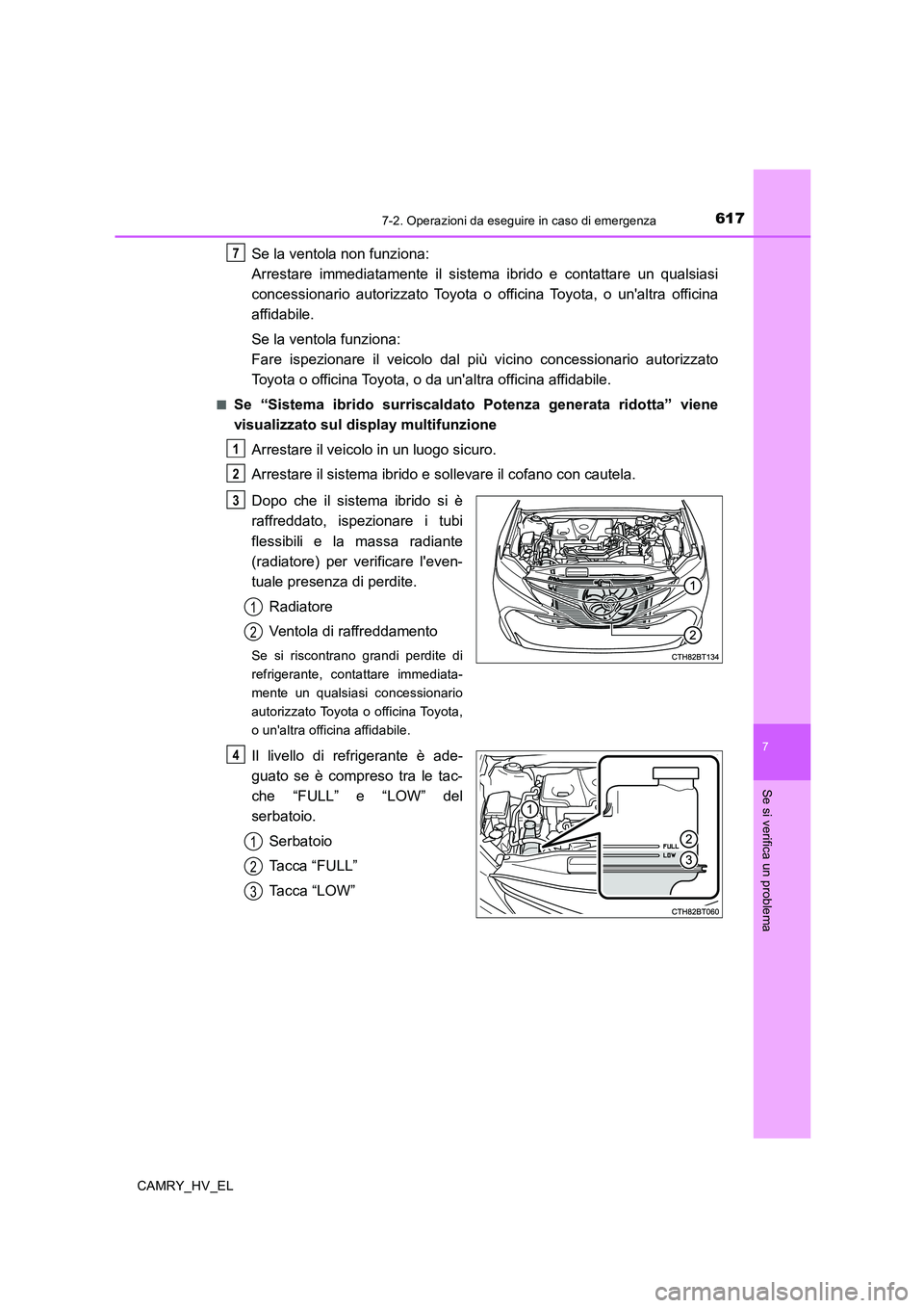 TOYOTA CAMRY 2019 Manuale duso (in Italian) 6177-2. Operazioni da eseguire in caso di emergenza
7
Se si verifica un problema
CAMRY_HV_EL
Se la ventola non funziona:
Arrestare immediatamente il sistema ibrido e contattare un qualsiasi
concessio TOYOTA CAMRY 2019 Manuale duso (in Italian) 6177-2. Operazioni da eseguire in caso di emergenza
7
Se si verifica un problema
CAMRY_HV_EL
Se la ventola non funziona:
Arrestare immediatamente il sistema ibrido e contattare un qualsiasi
concessio