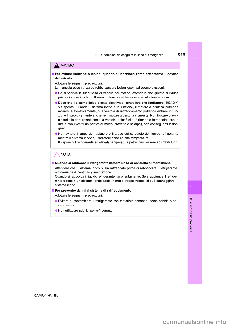 TOYOTA CAMRY 2019 Manuale duso (in Italian) 6197-2. Operazioni da eseguire in caso di emergenza
7
Se si verifica un problema
CAMRY_HV_EL
AVVISO
■Per evitare incidenti o lesioni quando si ispeziona larea sottostante il cofano
del veicolo
Adot TOYOTA CAMRY 2019 Manuale duso (in Italian) 6197-2. Operazioni da eseguire in caso di emergenza
7
Se si verifica un problema
CAMRY_HV_EL
AVVISO
■Per evitare incidenti o lesioni quando si ispeziona larea sottostante il cofano
del veicolo
Adot
