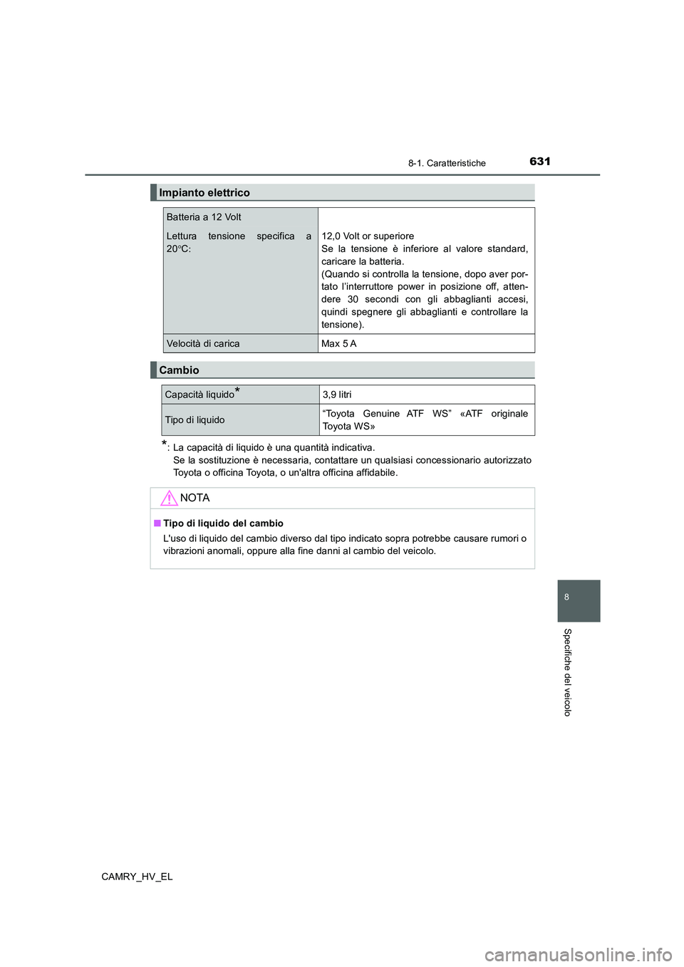 TOYOTA CAMRY 2019  Manuale duso (in Italian) 631
8
8-1. Caratteristiche
Specifiche del veicolo
CAMRY_HV_EL
*: La capacità di liquido è una quantità indicativa. 
Se la sostituzione è necessaria, contattare un qualsiasi concessionario autorizz