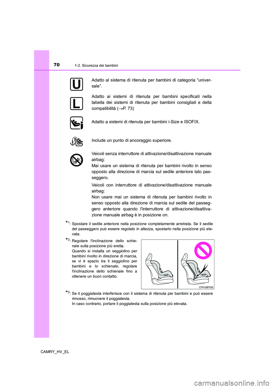 TOYOTA CAMRY 2019 Manuale duso (in Italian) 701-2. Sicurezza dei bambini
CAMRY_HV_EL
*1: Spostare il sedile anteriore nella posizione completamente arretrata. Se il sedile
del passeggero può essere regolato in altezza, spostarlo nella posizion TOYOTA CAMRY 2019 Manuale duso (in Italian) 701-2. Sicurezza dei bambini
CAMRY_HV_EL
*1: Spostare il sedile anteriore nella posizione completamente arretrata. Se il sedile
del passeggero può essere regolato in altezza, spostarlo nella posizion