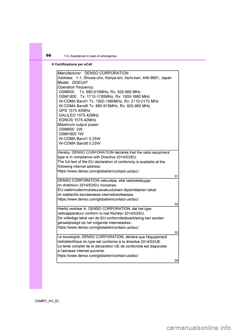 TOYOTA CAMRY 2019  Manuale duso (in Italian) 961-3. Assistenza in caso di emergenza
CAMRY_HV_EL■Certificazione per eCall 
