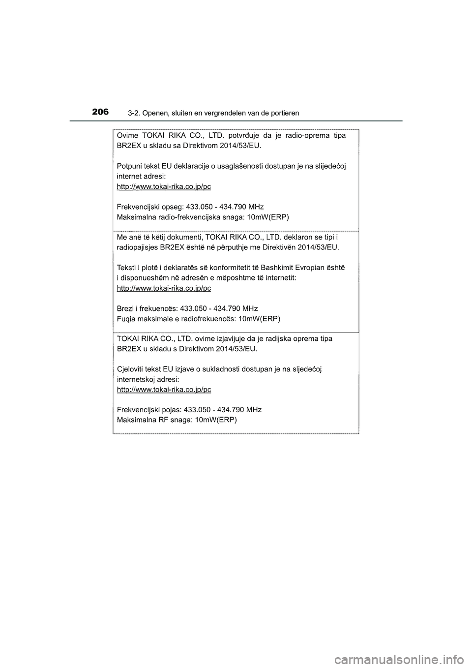 TOYOTA CAMRY 2019  Instructieboekje (in Dutch) 2063-2. Openen, sluiten en vergrendelen van de portieren
CAMRY_HV_EE
CAMRY_HV_OM_Europe_OM33D66E.book  Page 206  Monday, January 28, 2019  8:33 AM 