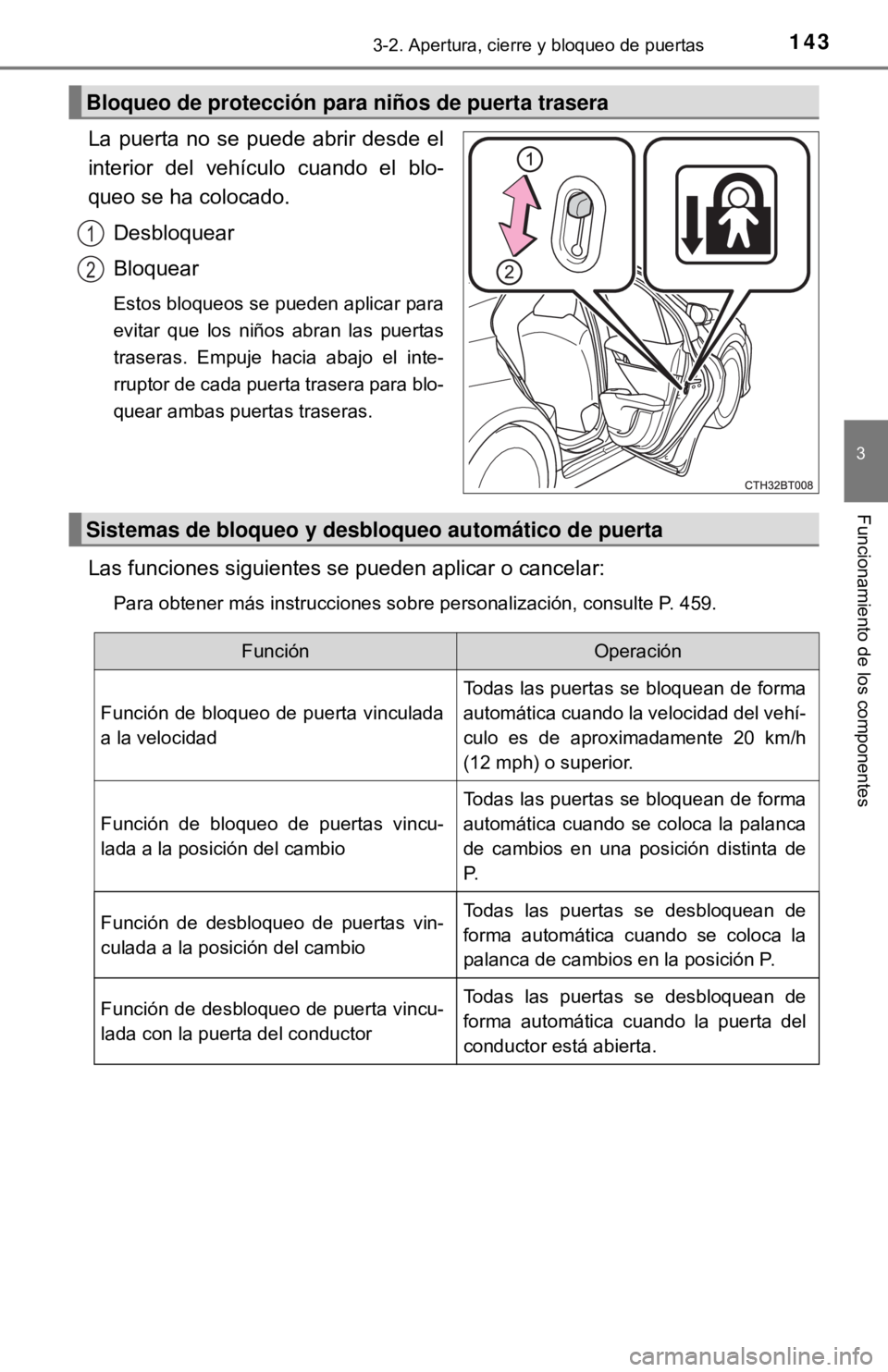 TOYOTA CAMRY 2017  Manual del propietario (in Spanish) 1433-2. Apertura, cierre y bloqueo de puertas
3
Funcionamiento de los componentes
La puerta no se puede abrir desde el
interior del vehículo cuando el blo-
queo se ha colocado.Desbloquear
Bloquear
Es