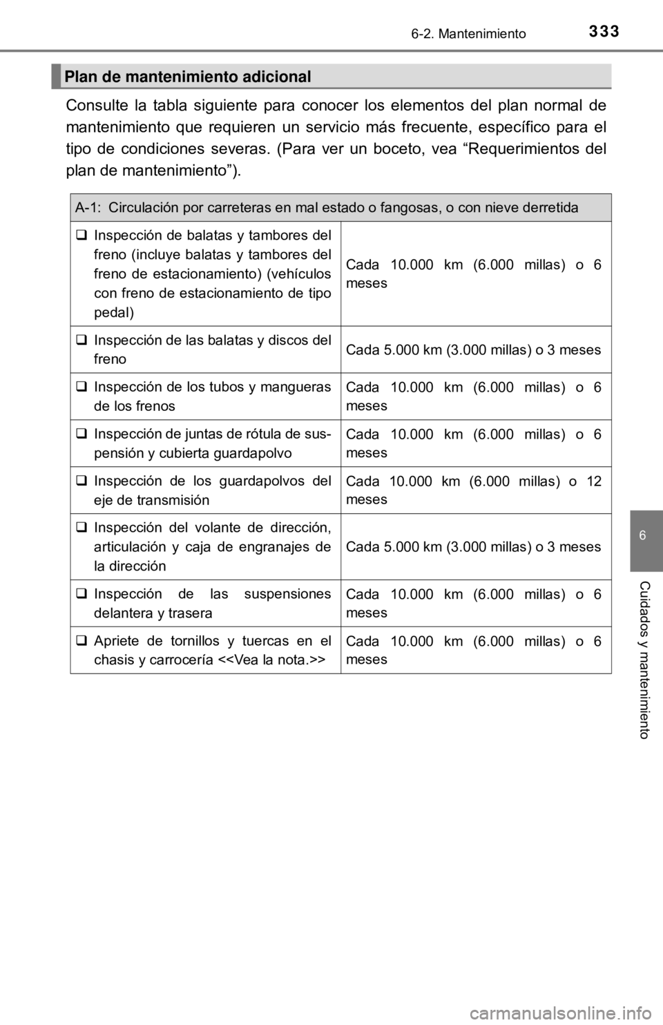 TOYOTA CAMRY 2017  Manual del propietario (in Spanish) 3336-2. Mantenimiento
6
Cuidados y mantenimiento
Consulte la tabla siguiente para conocer los elementos del plan normal de
mantenimiento que requieren un servicio más frecuente, específico \
para el