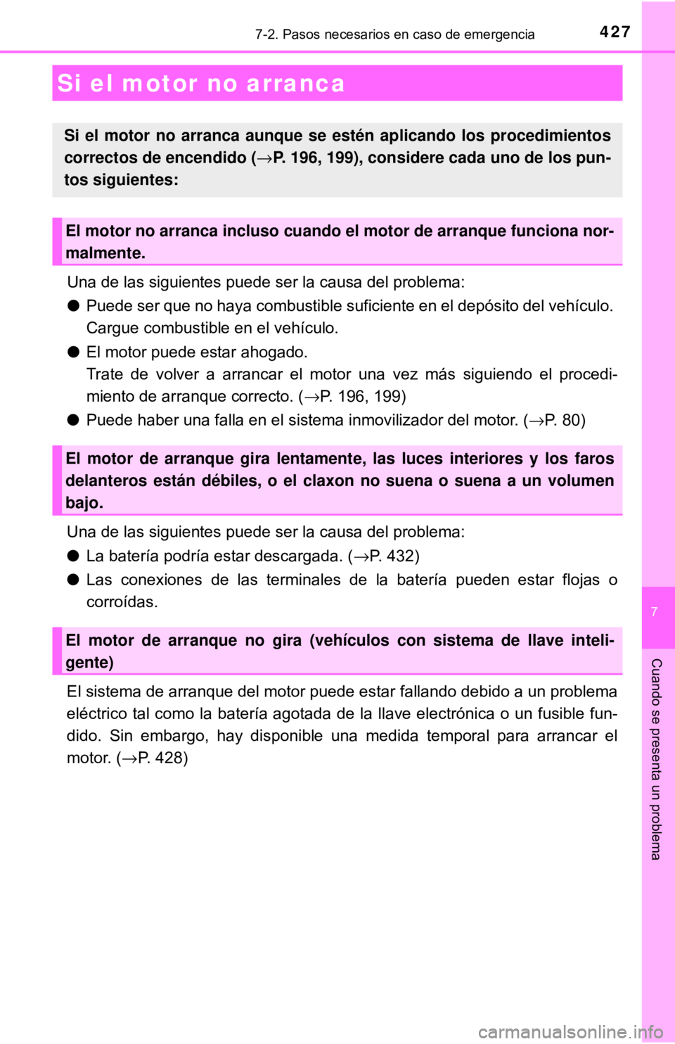 TOYOTA CAMRY 2017  Manual del propietario (in Spanish) 4277-2. Pasos necesarios en caso de emergencia
7
Cuando se presenta un problema
Una de las siguientes puede ser la causa del problema:
●Puede ser que no haya combustible suficiente en el depósito d