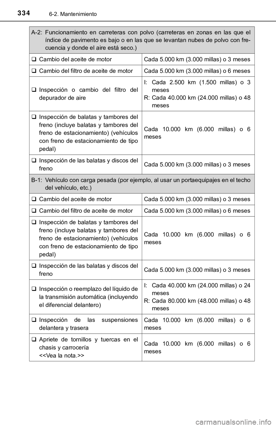 TOYOTA CAMRY 2016 Manual del propietario (in Spanish) 3346-2. Mantenimiento
A-2: Funcionamiento en carreteras con polvo (carreteras en zonas en las que elíndice de pavimento es bajo o en las que se levantan nubes de polvo con fre-
cuencia y donde el air TOYOTA CAMRY 2016 Manual del propietario (in Spanish) 3346-2. Mantenimiento
A-2: Funcionamiento en carreteras con polvo (carreteras en zonas en las que elíndice de pavimento es bajo o en las que se levantan nubes de polvo con fre-
cuencia y donde el air