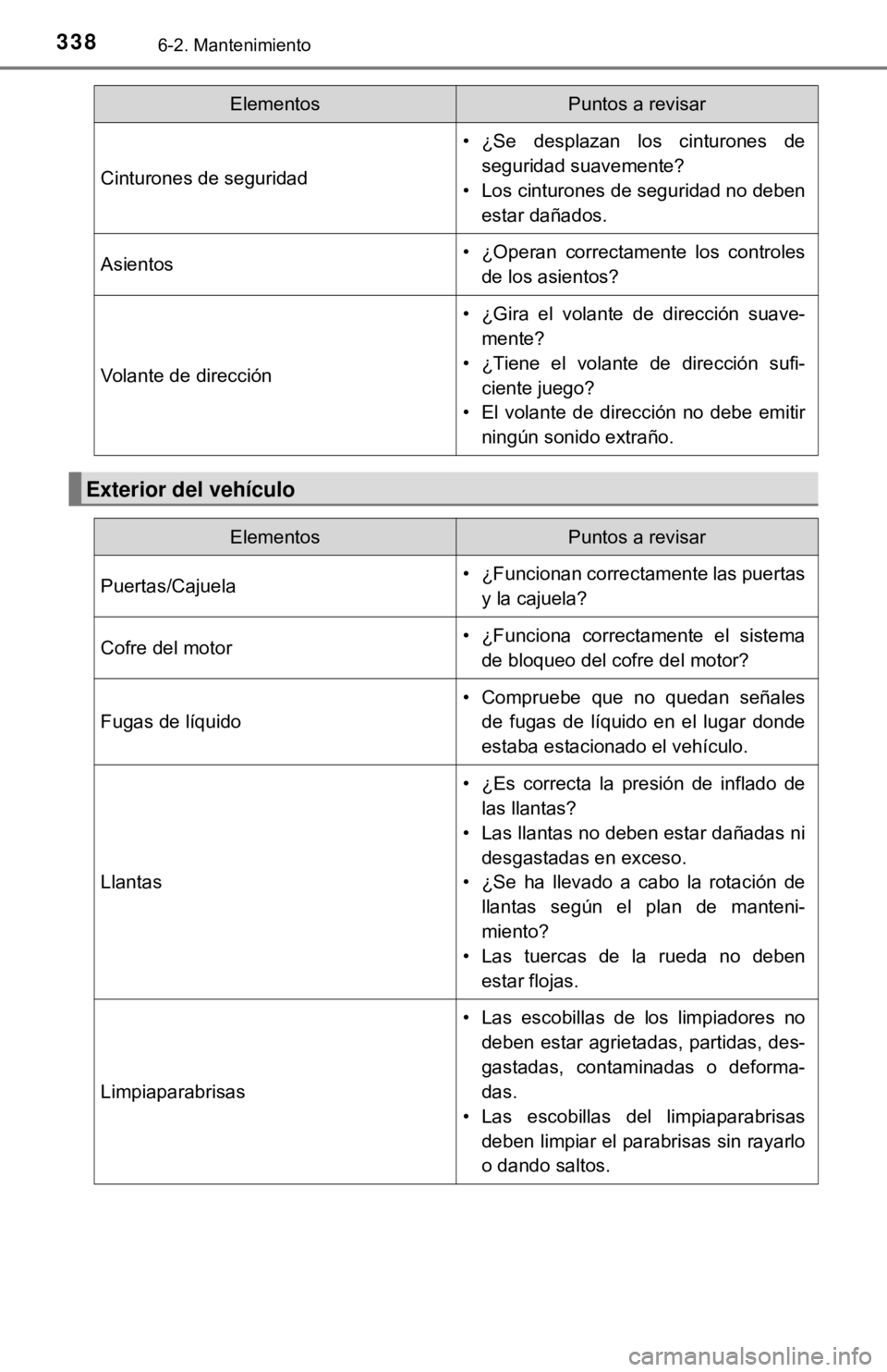TOYOTA CAMRY 2016 Manual del propietario (in Spanish) 3386-2. Mantenimiento
Cinturones de seguridad
• ¿Se desplazan los cinturones deseguridad suavemente?
• Los cinturones de seguridad no deben estar dañados.
Asientos• ¿Operan correctamente los TOYOTA CAMRY 2016 Manual del propietario (in Spanish) 3386-2. Mantenimiento
Cinturones de seguridad
• ¿Se desplazan los cinturones deseguridad suavemente?
• Los cinturones de seguridad no deben estar dañados.
Asientos• ¿Operan correctamente los