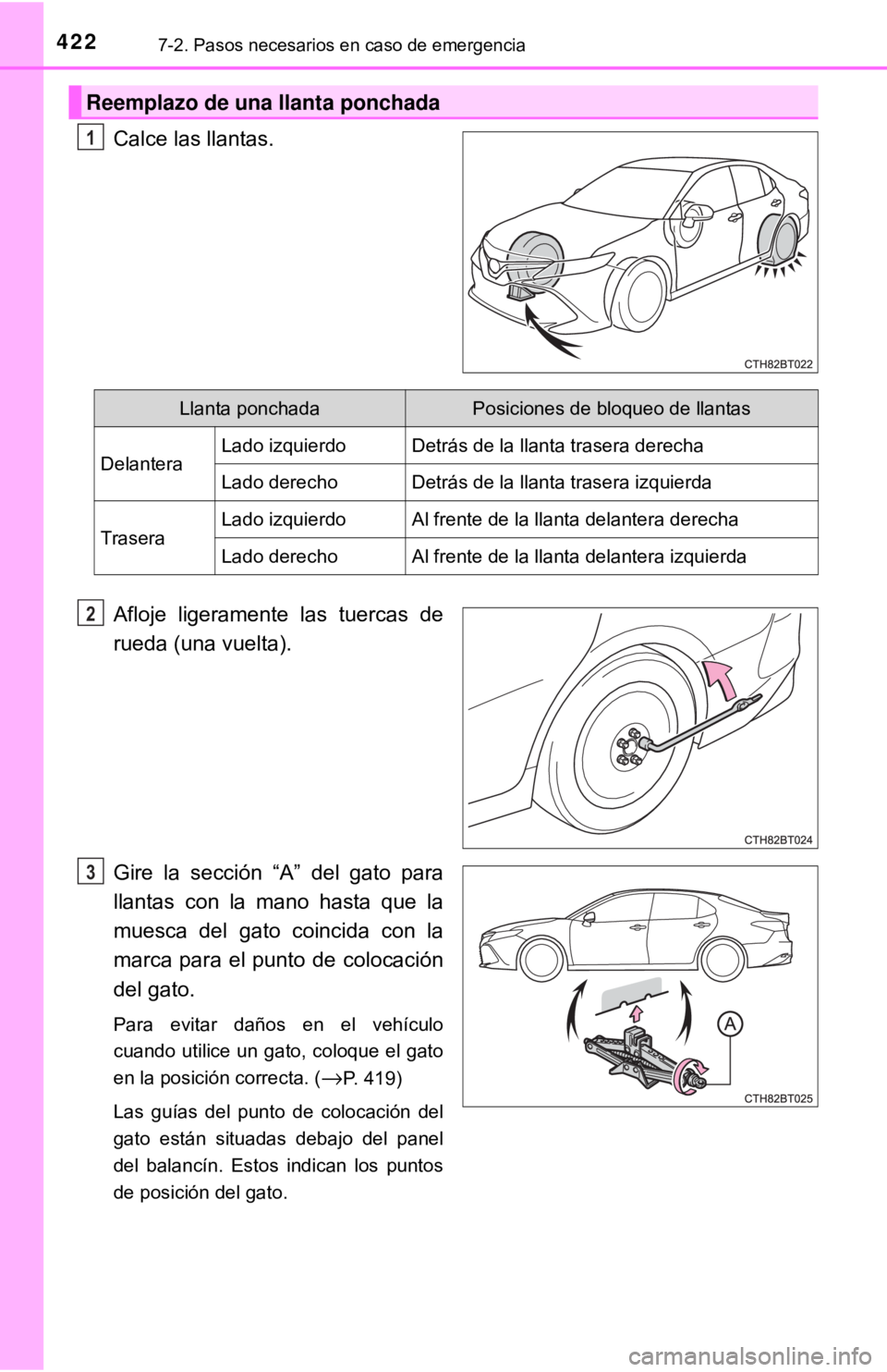 TOYOTA CAMRY 2016  Manual del propietario (in Spanish) 4227-2. Pasos necesarios en caso de emergencia
Calce las llantas.
Afloje ligeramente las tuercas de
rueda (una vuelta).
Gire la sección “A” del gato para
llantas con la mano hasta que la
muesca d