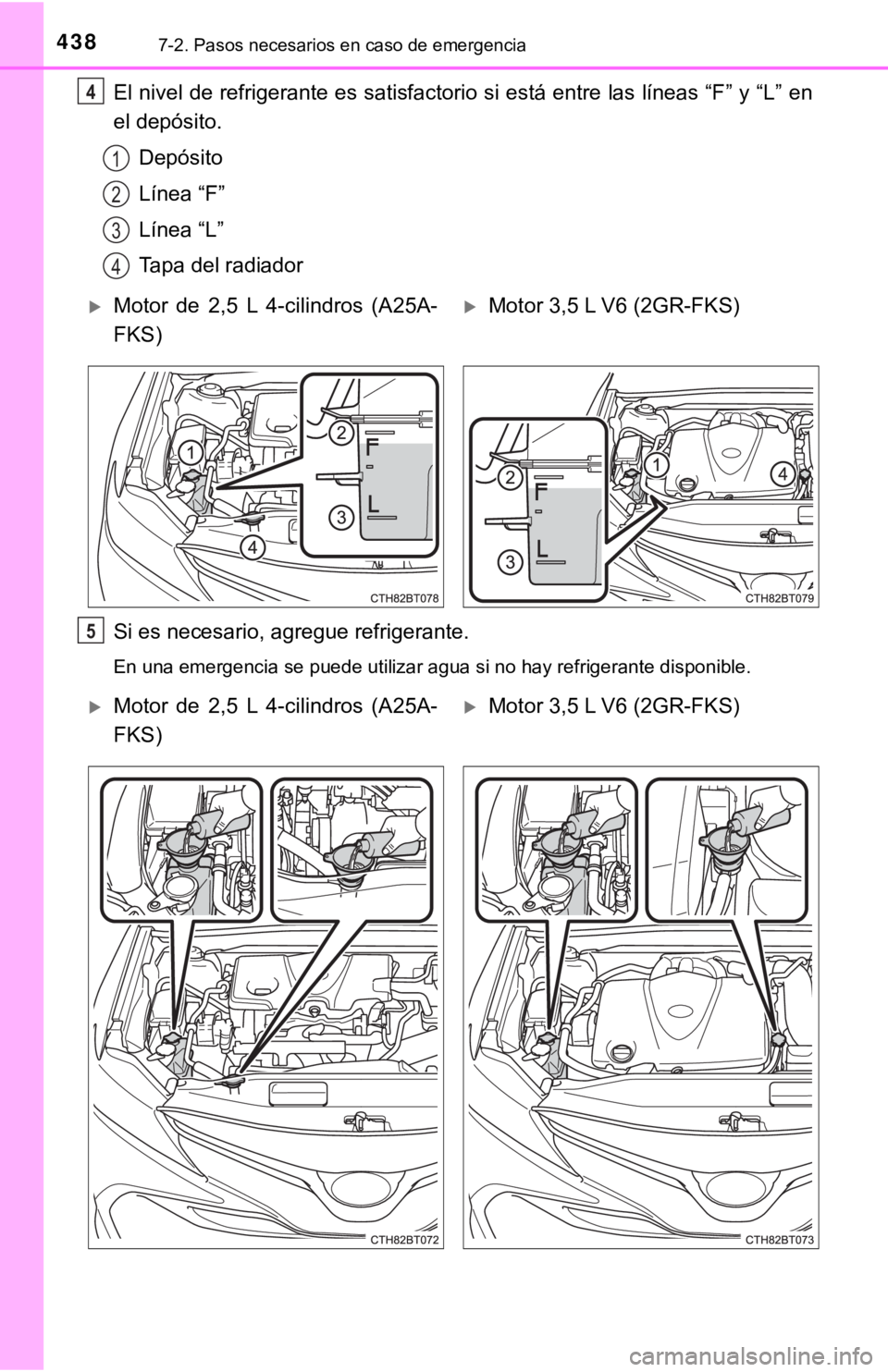 TOYOTA CAMRY 2016  Manual del propietario (in Spanish) 4387-2. Pasos necesarios en caso de emergencia
El nivel de refrigerante es satisfactorio si está entre las líneas “F” y “L” en
el depósito.Depósito
Línea “F”
Línea “L”
Tapa del r