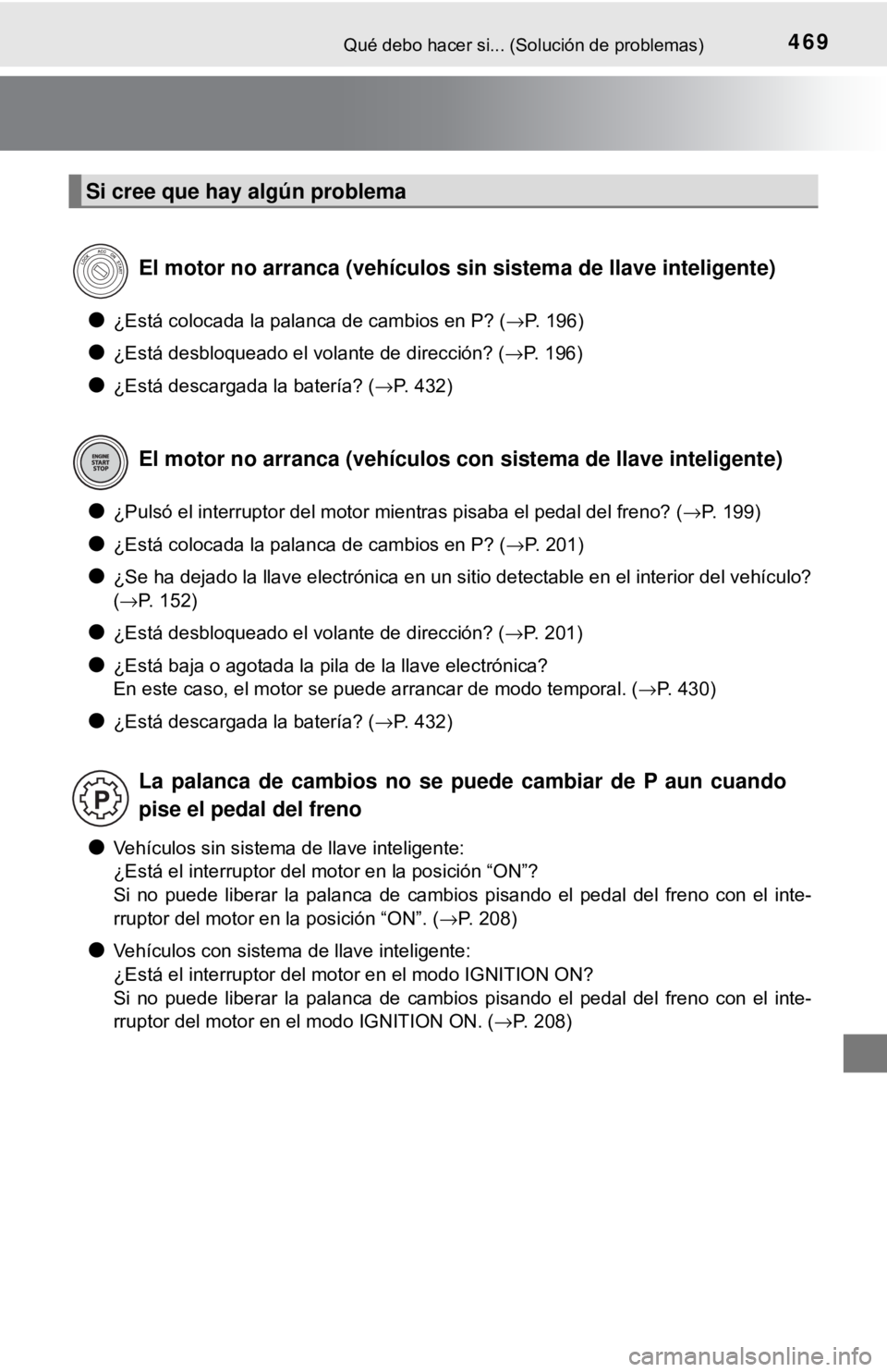 TOYOTA CAMRY 2016  Manual del propietario (in Spanish) 469Qué debo hacer si... (Solución de problemas)
●¿Está colocada la palanca de cambios en P? ( →P. 196)
●¿Está desbloqueado el volante de dirección? ( →P. 196)
●¿Está descargada la b