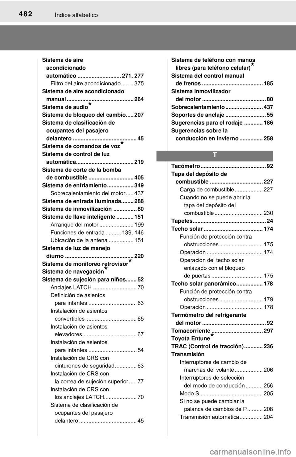 TOYOTA CAMRY 2016  Manual del propietario (in Spanish) 482Índice alfabético
Sistema de aire acondicionado 
automático ............................ 271, 277 Filtro del aire acondicionado ........ 375
Sistema de aire acondicionado  manual ...............