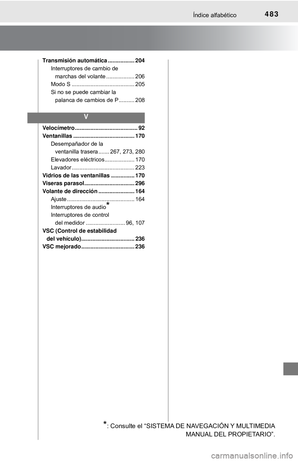 TOYOTA CAMRY 2016  Manual del propietario (in Spanish) 483Índice alfabético
Transmisión automática ................. 204Interruptores de cambio de marchas del volante .................. 206
Modo S ........................................ 205
Si no se 