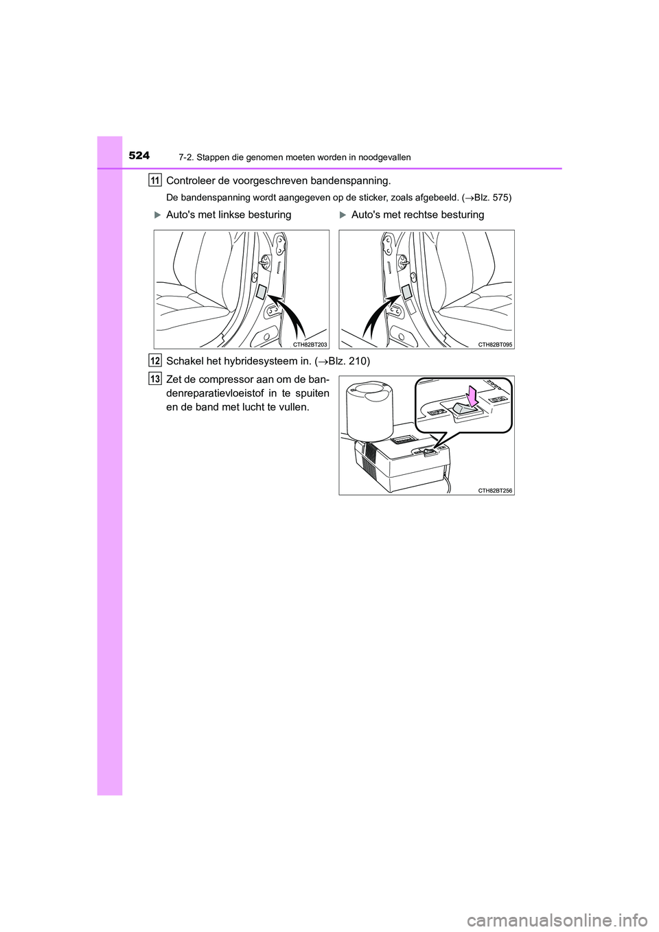 TOYOTA CAMRY HYBRID 2021  Instructieboekje (in Dutch) 5247-2. Stappen die genomen moeten worden in noodgevallen
CAMRY_HV_EE
Controleer de voorgeschreven bandenspanning.
De bandenspanning wordt aangegeven op de sticker, zoals afgebeeld. (Blz. 575)
Scha