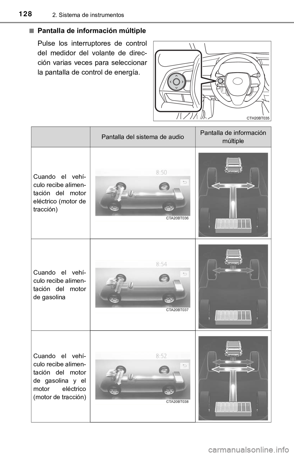 TOYOTA CAMRY HYBRID 2019  Manual del propietario (in Spanish) 1282. Sistema de instrumentos
■Pantalla de información múltiple
Pulse  los  interruptores  de  control
del  medidor  del  volante  de  direc-
ción  varias  veces  para  seleccionar
la pantalla de