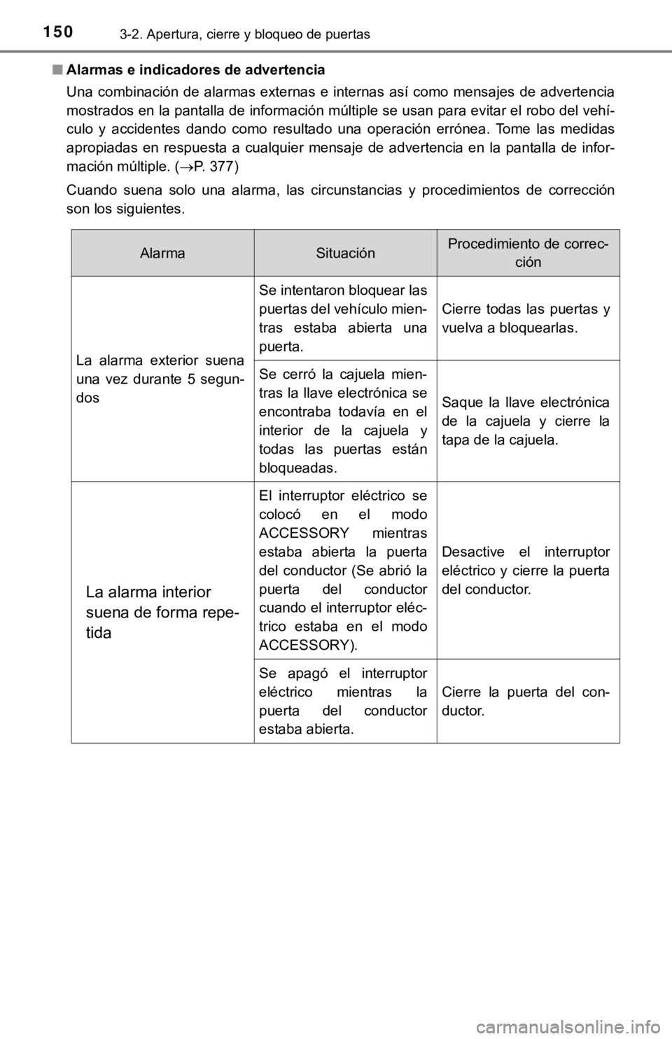 TOYOTA CAMRY HYBRID 2019  Manual del propietario (in Spanish) 1503-2. Apertura, cierre y bloqueo de puertas
■Alarmas e indicadores de advertencia
Una  combinación de alarmas  externas  e  internas  así como  mensajes  de  advertencia
mostrados en la pantalla