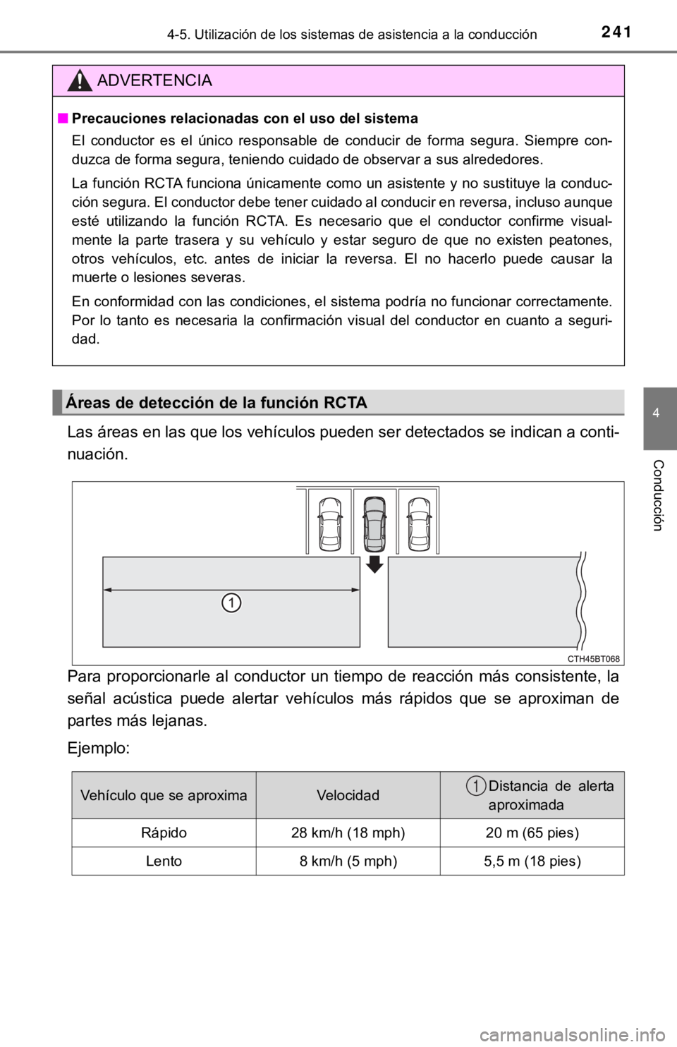 TOYOTA CAMRY HYBRID 2019  Manual del propietario (in Spanish) 2414-5. Utilización de los sistemas de asistencia a la conducción
4
Conducción
Las áreas en las que los vehículos pueden ser detectados se ind ican a conti-
nuación.
Para  proporcionarle  al  co