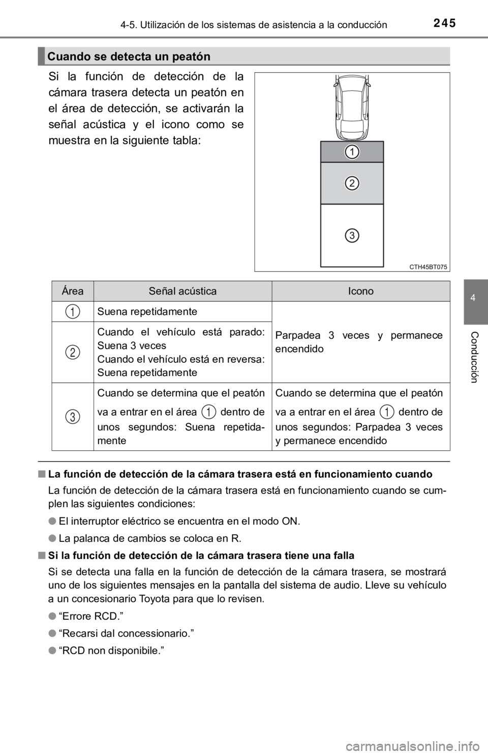 TOYOTA CAMRY HYBRID 2019  Manual del propietario (in Spanish) 2454-5. Utilización de los sistemas de asistencia a la conducción
4
Conducción
Si  la  función  de  detección  de  la
cámara  trasera  detecta  un  peatón  en
el  área  de  detección,  se  ac