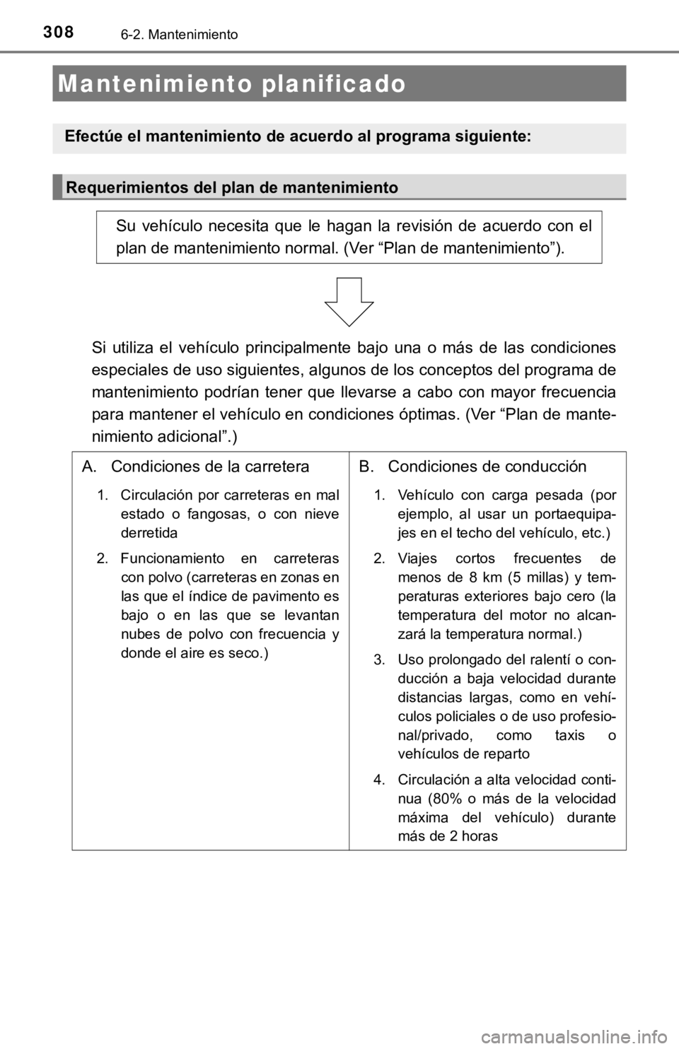 TOYOTA CAMRY HYBRID 2019  Manual del propietario (in Spanish) 3086-2. Mantenimiento
Mantenimiento planificado
Efectúe el mantenimiento de acuerdo al programa siguiente:
Requerimientos del plan de mantenimiento
Su  vehículo  necesita  que  le  hagan  la  revisi
