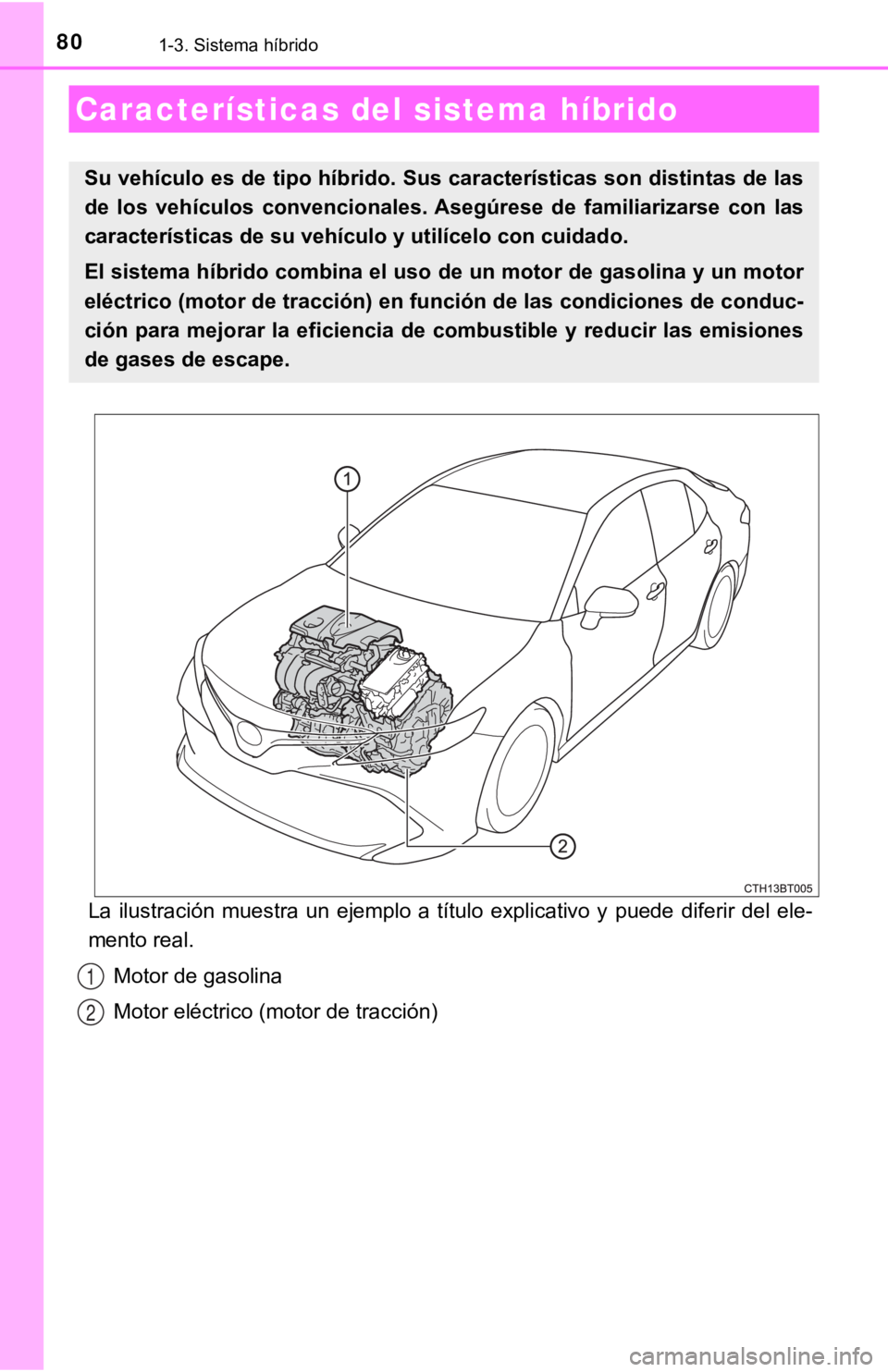 TOYOTA CAMRY HYBRID 2019  Manual del propietario (in Spanish) 801-3. Sistema híbrido
La  ilustración  muestra  un  ejemplo  a  título  explicativo  y  puede diferir  del  ele-
mento real.
Motor de gasolina
Motor eléctrico (motor de tracción)
Característica