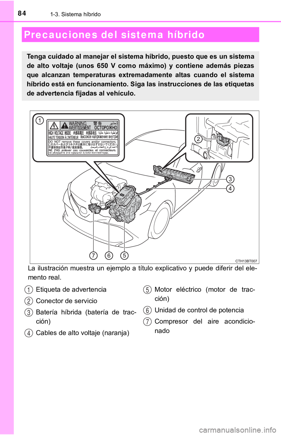 TOYOTA CAMRY HYBRID 2019  Manual del propietario (in Spanish) 841-3. Sistema híbrido
La  ilustración  muestra  un  ejemplo  a  título  explicativo  y  puede diferir  del  ele-
mento real.
Precauciones del  sistema híbrido
Tenga cuidado al manejar el sist ema
