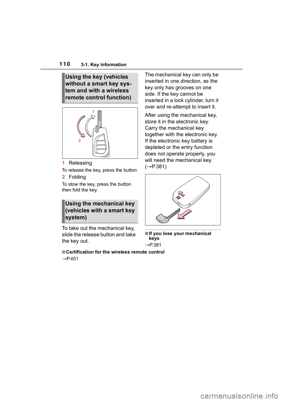 TOYOTA COROLLA 2023  Owners Manual 1103-1. Key information
1Releasing
To release the key, press the button
2Folding
To stow the key, press the button 
then fold the key.
To take out the mechanical key, 
slide the release button and tak