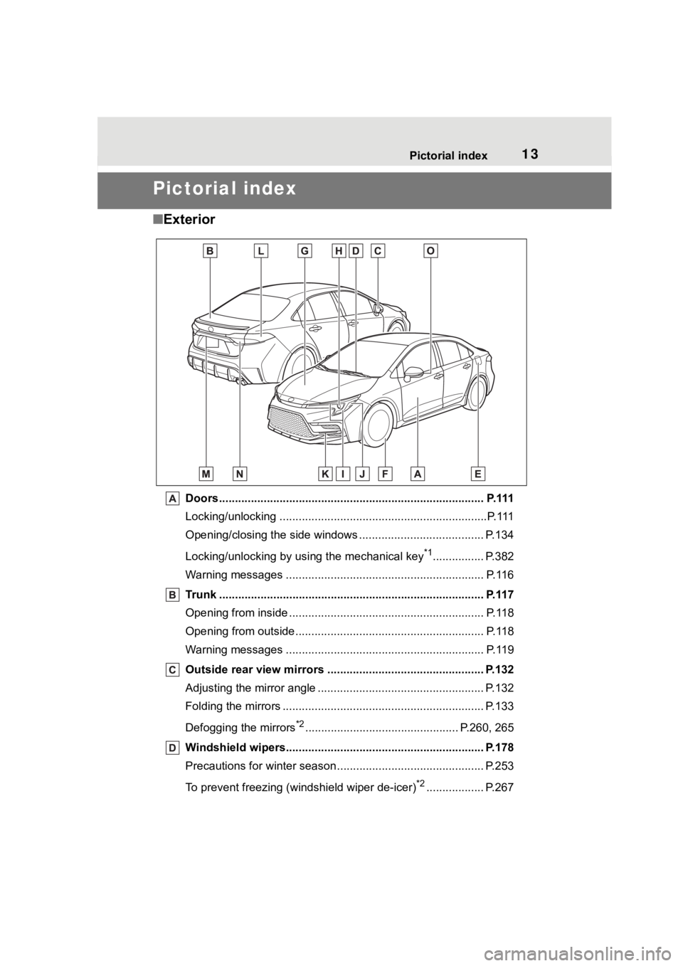 TOYOTA COROLLA 2023 Owners Manual 13Pictorial index
Pictorial index
■Exterior
Doors.......................................................... ......................... P.111
Locking/unlocking ........................................ TOYOTA COROLLA 2023 Owners Manual 13Pictorial index
Pictorial index
■Exterior
Doors.......................................................... ......................... P.111
Locking/unlocking ........................................