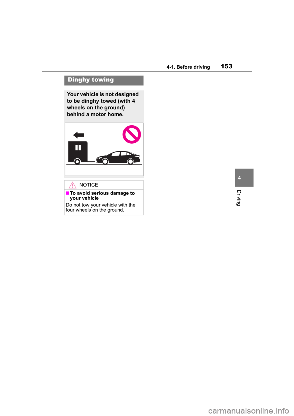 TOYOTA COROLLA 2023  Owners Manual 1534-1. Before driving
4
Driving
Dinghy towing
Your vehicle is not designed 
to be dinghy towed (with 4 
wheels on the ground) 
behind a motor home.
NOTICE
■To avoid serious damage to 
your vehicle
