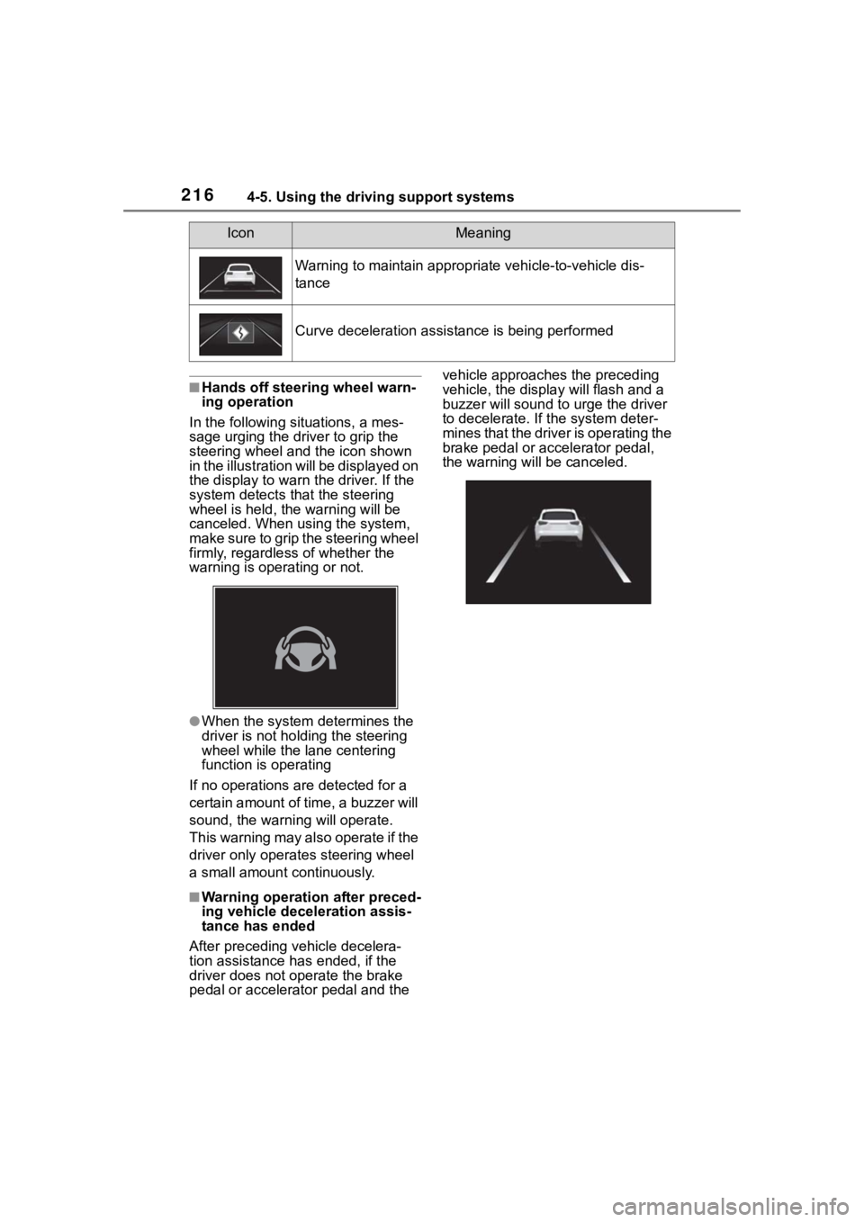 TOYOTA COROLLA 2023 Owners Manual 2164-5. Using the driving support systems
■Hands off steering wheel warn-
ing operation
In the following situations, a mes-
sage urging the dr iver to grip the
steering wheel and the icon shown
in TOYOTA COROLLA 2023 Owners Manual 2164-5. Using the driving support systems
■Hands off steering wheel warn-
ing operation
In the following situations, a mes-
sage urging the dr iver to grip the
steering wheel and the icon shown
in