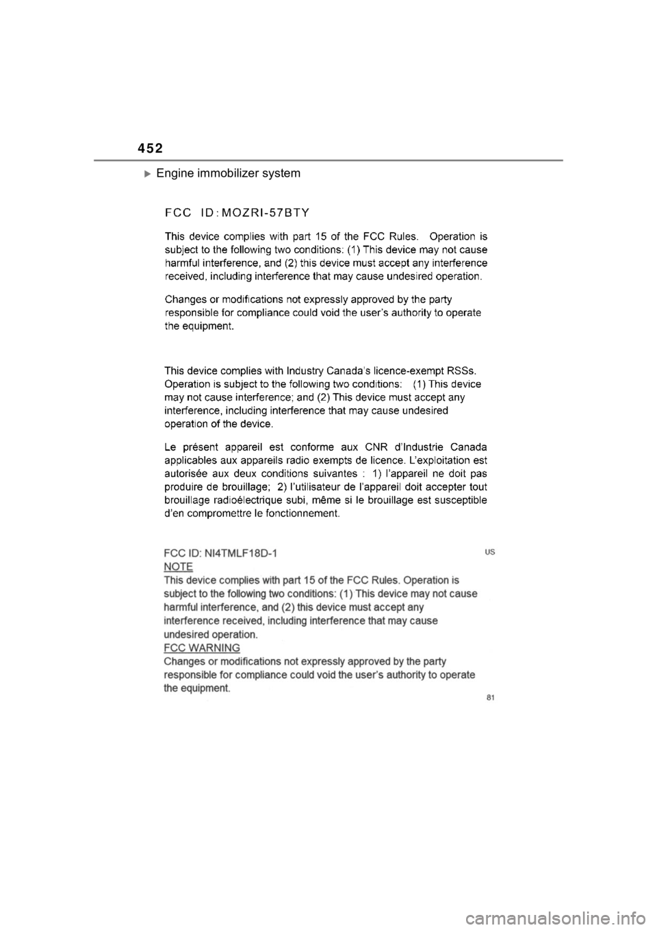 TOYOTA COROLLA 2023  Owners Manual 452
Engine immobilizer system 