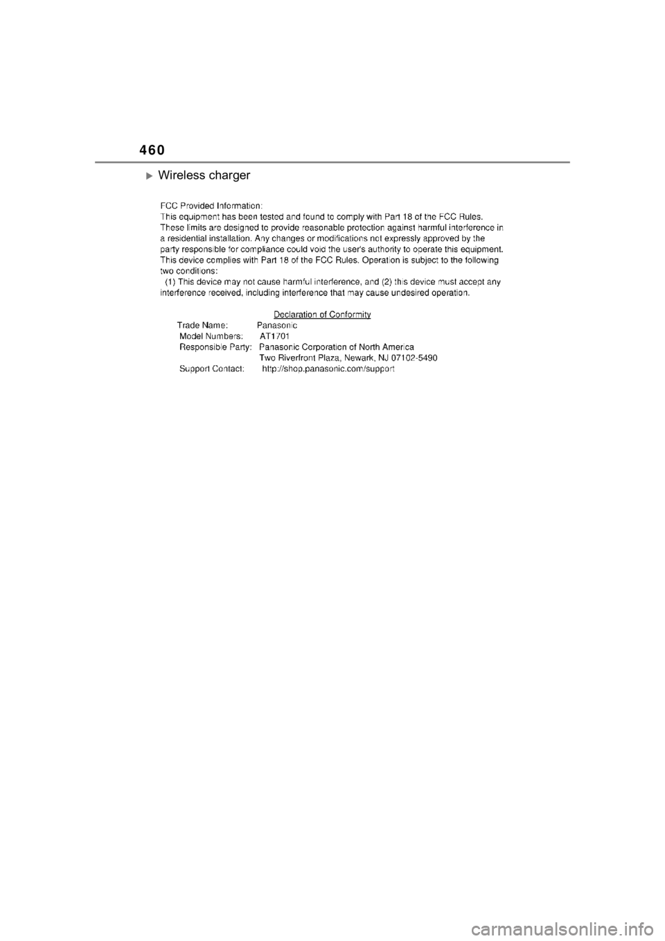 TOYOTA COROLLA 2023  Owners Manual 460
Wireless charger 