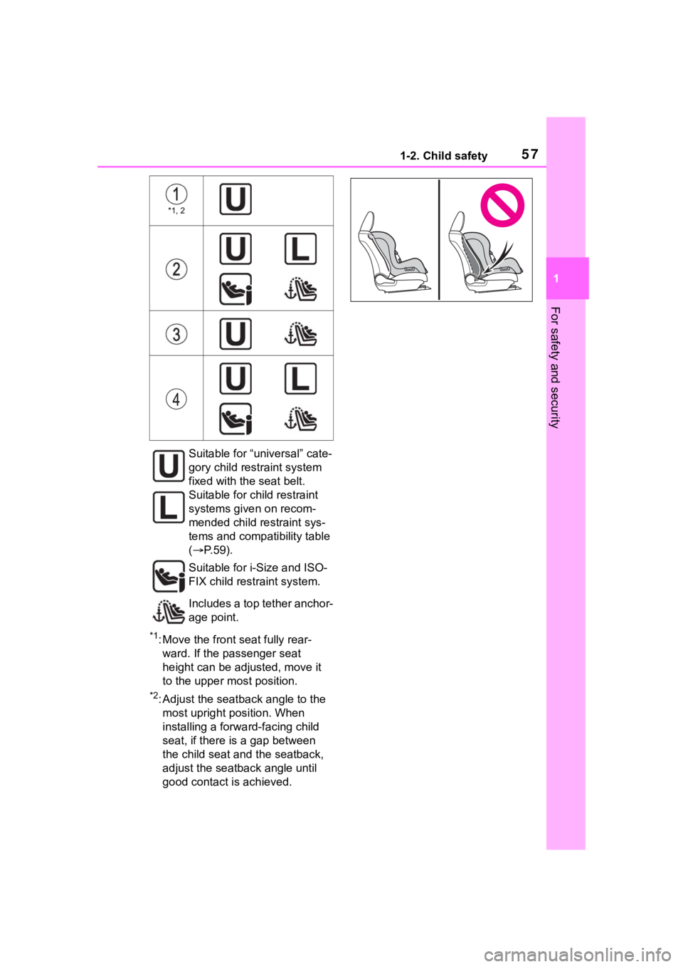TOYOTA COROLLA 2023  Owners Manual 571-2. Child safety
1
For safety and security
*1: Move the front seat fully rear-ward. If the passenger seat 
height can be adjusted, move it 
to the upper most position.
*2: Adjust the seatback angle