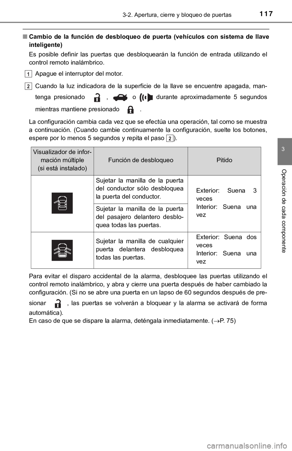 TOYOTA COROLLA 2019 Manual del propietario (in Spanish) 1173-2. Apertura, cierre y bloqueo de puertas
3
Operación de cada componente
■Cambio de la función de desbloqueo de puerta (vehículos con sistema de llave
inteligente)
Es posible de TOYOTA COROLLA 2019 Manual del propietario (in Spanish) 1173-2. Apertura, cierre y bloqueo de puertas
3
Operación de cada componente
■Cambio de la función de desbloqueo de puerta (vehículos con sistema de llave
inteligente)
Es posible de