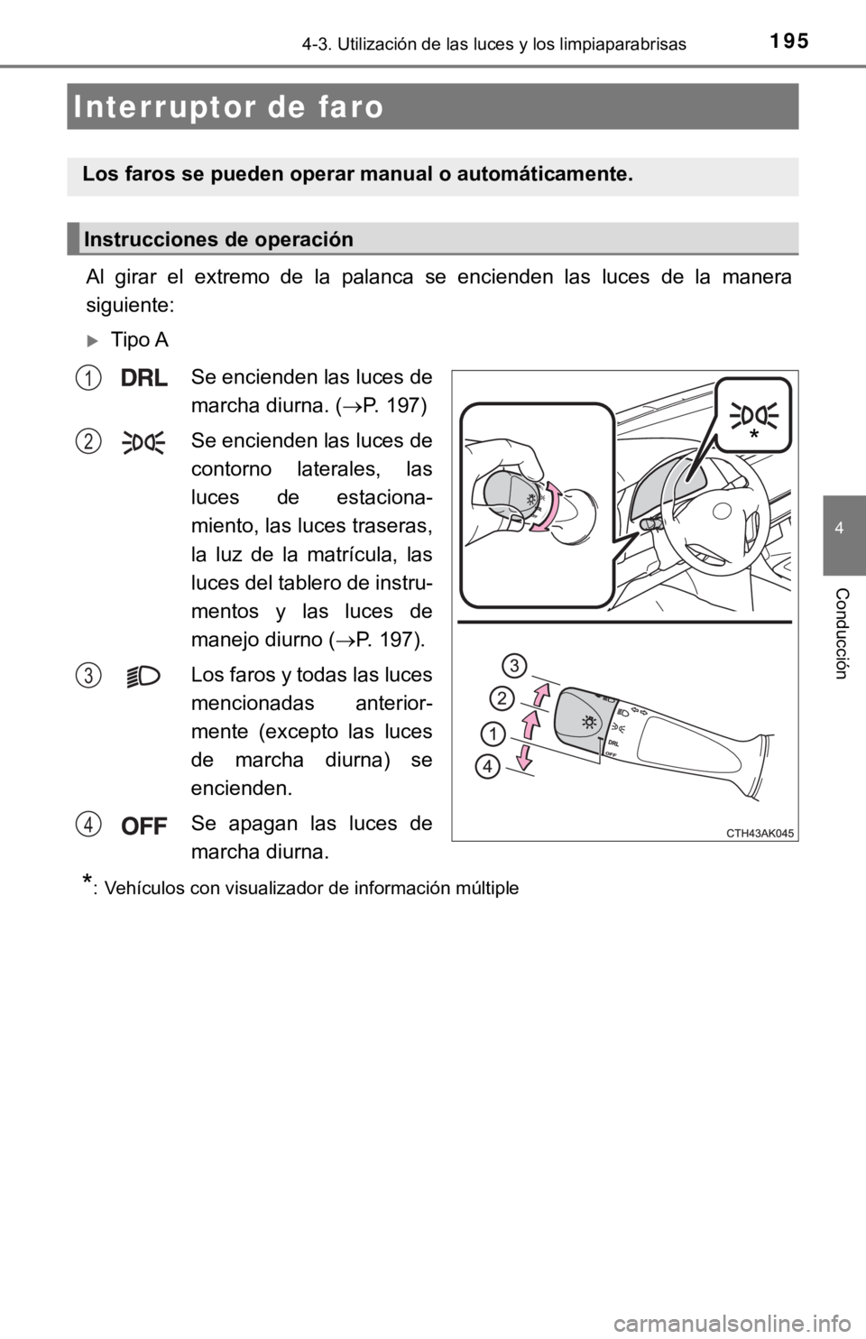 TOYOTA COROLLA 2019  Manual del propietario (in Spanish) 195
4
Conducción
4-3. Utilización de las luces y los limpiaparabrisas
Al  girar  el  extremo  de  la  palanca  se  encienden  las  luces  de  la manera
siguiente:
Tipo A
Se encienden las luces de