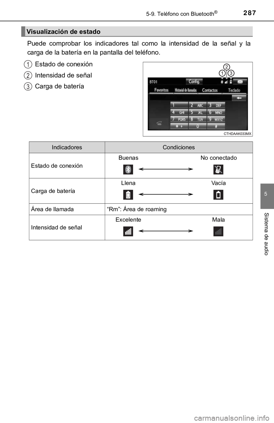 TOYOTA COROLLA 2019  Manual del propietario (in Spanish) 2875-9. Teléfono con Bluetooth®
5
Sistema de audio
Puede  comprobar  los  indicadores  tal  como  la  intensidad  de  la  señal  y  la
carga de la batería en la pantalla del teléfono.
Estado de c